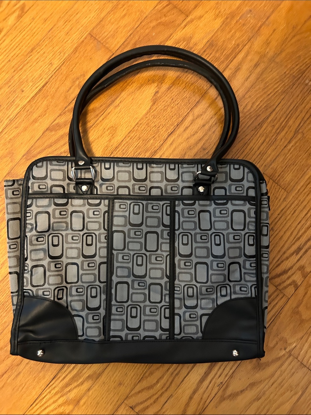 Gray Geometric Pattern Travel Tote or computer Bag with Black Trim